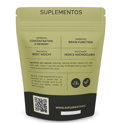 Back of Shilajit 500mg supplement packaging showing benefits, usage instructions, vegan and halal icons