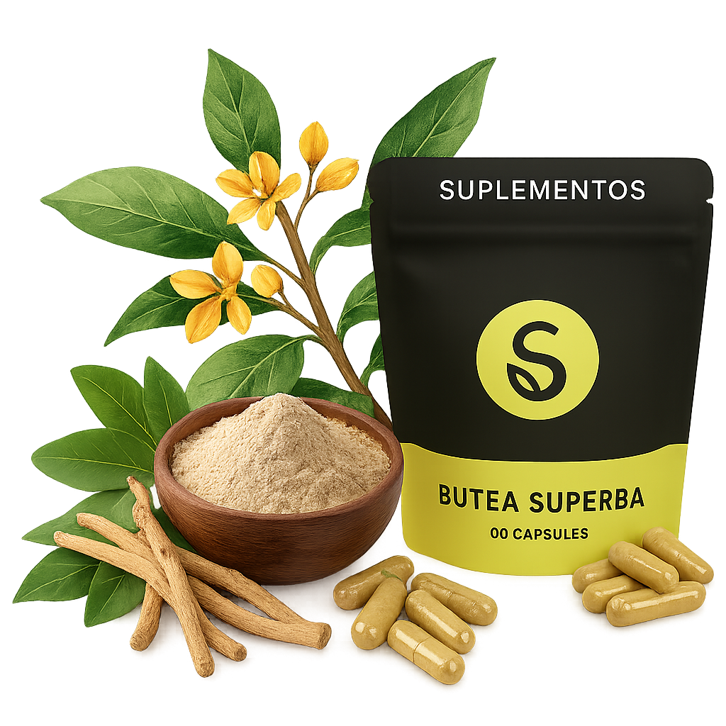 Straight away Butea Superba en Ashwagandha supplementen in capsules en poeder met botanische illustratie