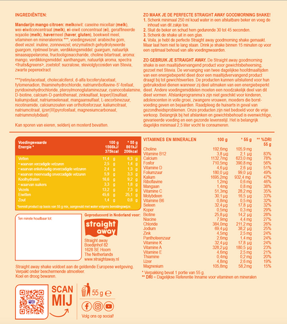 Straight away Mandarin Mango Lemon maaltijdvervangende shake - een zonnige mix verrijkt met antioxidanten en prebiotica voor een heerlijke ondersteuning bij afvallen en afslanken.