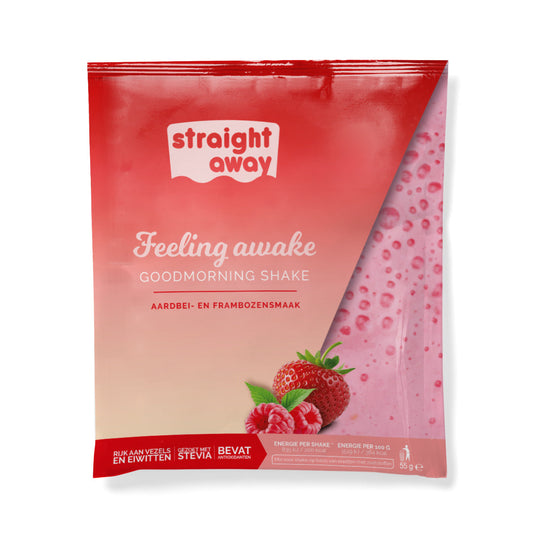 Straight away Strawberry Raspberry maaltijdvervangende shake - een heerlijke ondersteuning voor jouw dieet, verrijkt met antioxidanten en prebiotica voor een gezonde afslankreis.